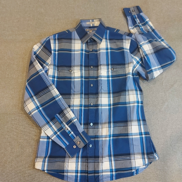 EXPRESS Fitted (Blue/white plaid) Dress Shirt - Picture 2 of 8